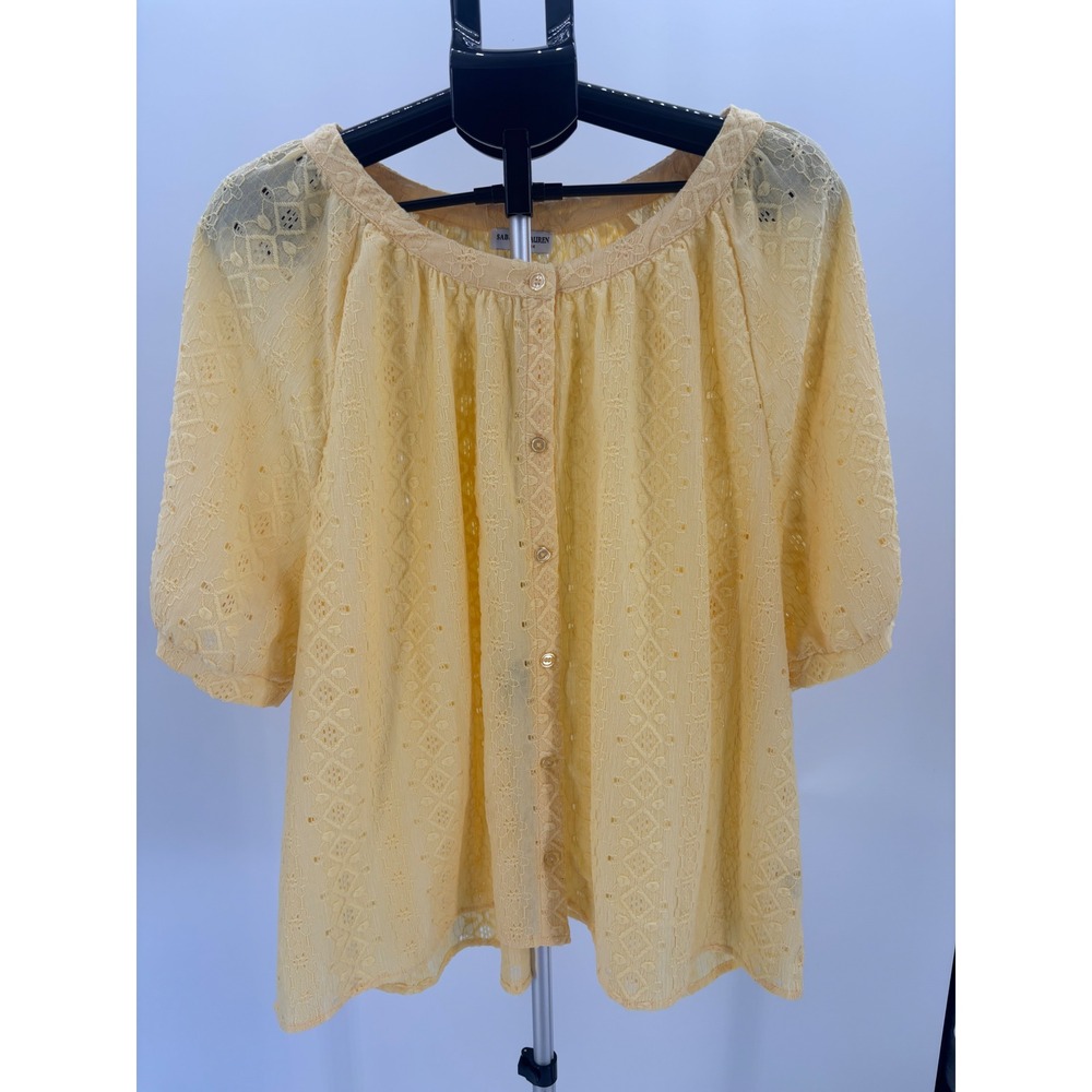 Sabrina Lauren Yellow Eyelet Button Down Short‎ Sleeve Blouse Top Women Size 3X